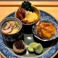②3月13日・［春を感じる🌸和食屋さんのコース😋✨］・前菜5種❣️（苦手なホタルイカ→生臭く無く😊美味しかった😅笑）