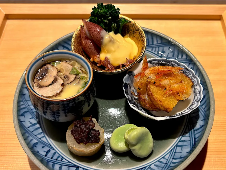 ②3月13日・［春を感じる🌸和食屋さんのコース😋✨］・前菜5種❣️（苦手なホタルイカ→生臭く無く😊美味しかった😅笑）|山勝さん