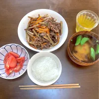 今日の晩ご飯　牛肉入り贅沢きんぴら、トマトサラダ、おこしもの入りスナップエンドウとどんこのお吸い物　春分の日の三連休は藤沢のはやとのところに行くので（木曜夕方出発）、水曜の晩ご飯までの献立を考え、「ヤマナカ」さんでまとめて買ってきました。食材の効率的な使い回しに工夫をこらします。|なびさん