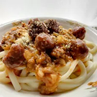昨日のデミミートソースといしいのミートボールでカリオストロの城風うどん|みるくここあさん