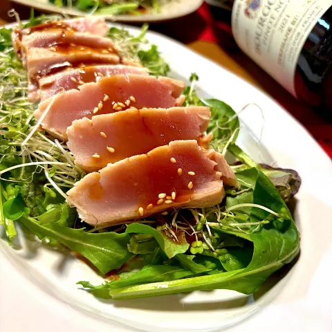 「メインディップ 豚バラなすのバルサミコ炒め」を使ってみたSnapdishの料理・レシピ写真:炙りマグロのバルサミコソースかけ