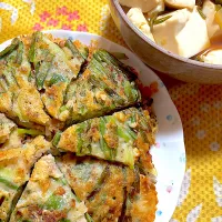 わけぎのチヂミ　白菜とわけぎと豆腐の煮浸し|4jinoanataさん