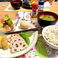 娘(妊娠３７週)料理☆蒸し野菜、サラダ、しらすごはん、具沢山お味噌汁、味玉。美味しかったです！お腹いっぱい💓|kaoriさん
