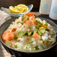 室内で水耕栽培のタラの芽でタラの芽と鮭の混ぜご飯