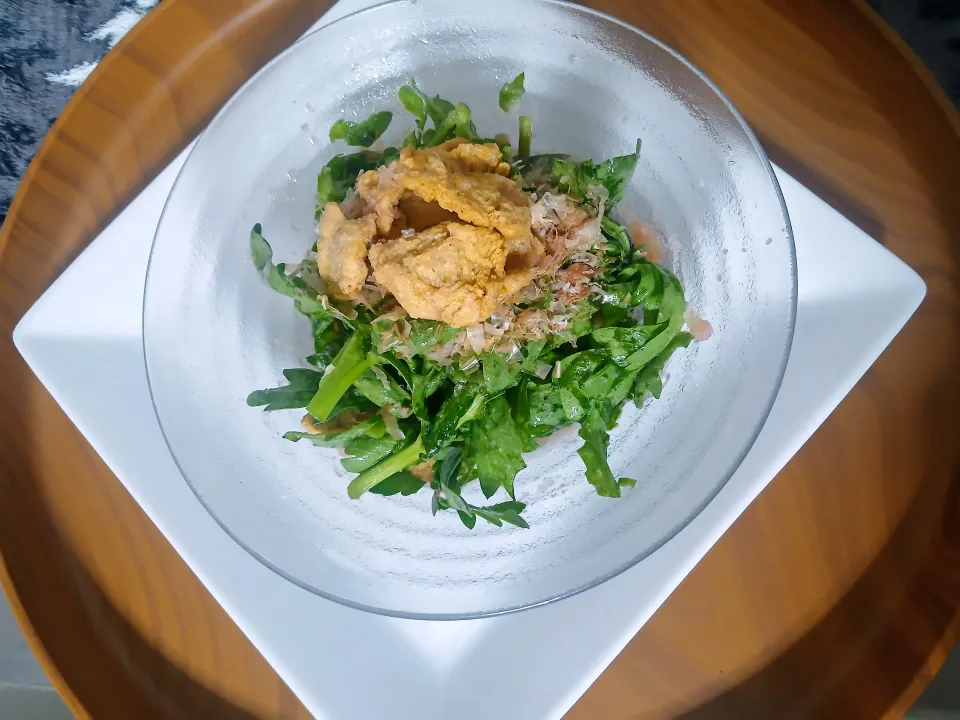 頂いた春菊と大豆のお肉で明太子和え|ぽんすけさん