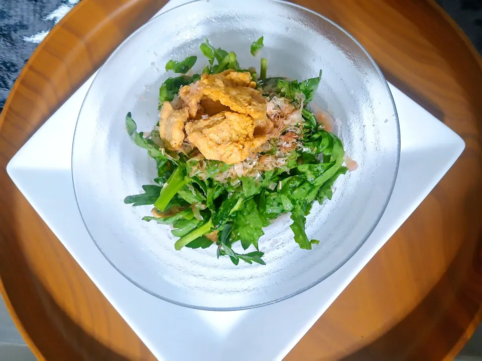 大豆のお肉使いな春菊の明太和えΣd(・∀・´)(レシピ用)|ぽんすけさん