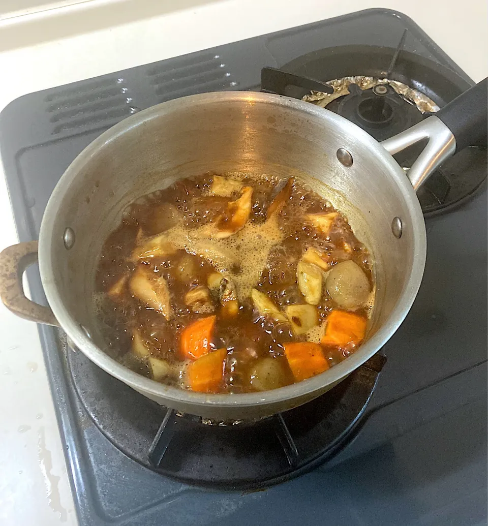 今日の晩ご飯 making in the morning    根菜とこんにゃくの八丁味噌煮込み　昨日の筑前煮のために買った根菜とこんにゃくの残りの消費メニューです（蓮根はまだ使いきれていませんが）。　これはあくまで昨日の晩ご飯の残務処理。今日の晩ご飯の主役はまた別に用意します(^^)|なびさん