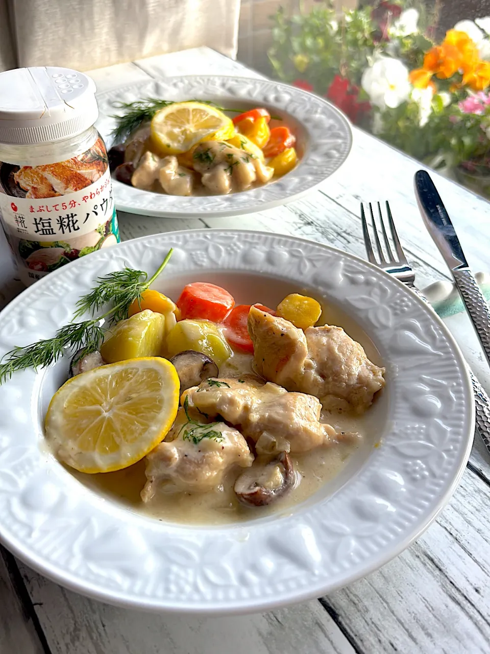 鶏肉と春野菜のレモンクリーム煮🍋ディールを添えて|とんちんさん