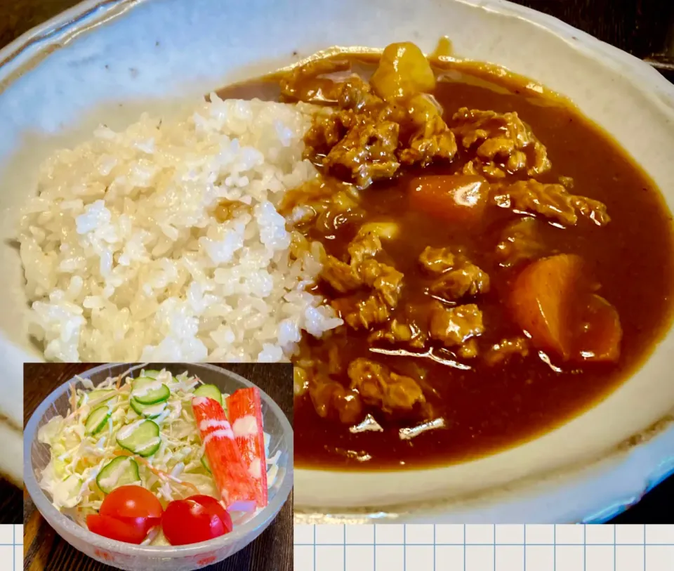 義務投稿⑤ 今日のランチは大豆のお肉で               「カレーライス・ミニサラダ」|mottoさん