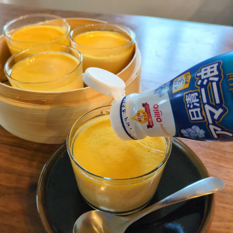 せいろ蒸しプリン アマニ油とはちみつのソース|いりごまさん