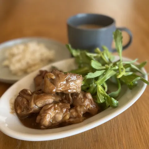 「メインディップ 豚バラなすのバルサミコ炒め」を使ってみたSnapdishの料理・レシピ写真:3/21の朝食　鶏のバルサミコ炒めと春菊