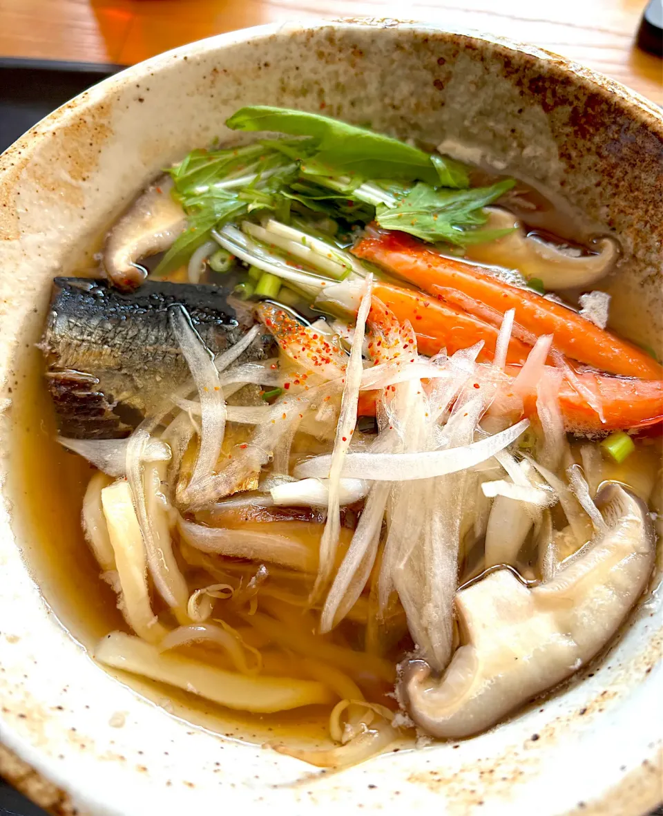 鰊、新玉ねぎ、カニカマ、椎茸、水菜の讃岐うどん🤗✨💕|てるみさん