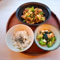 回鍋肉と山芋　ブロッコリー　わかめ　納豆サラダ|kazさん
