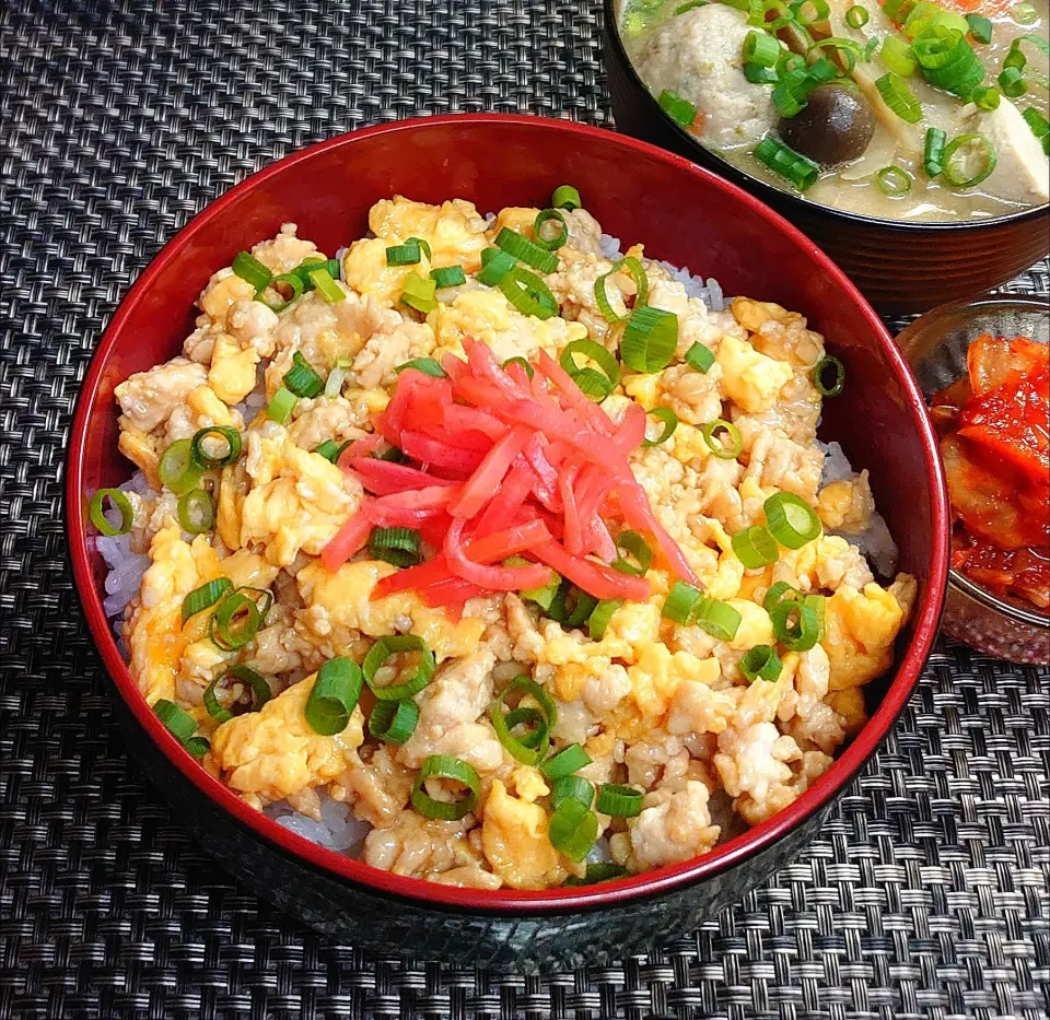 しっとり鶏そぼろの親子丼＆肉団子のお味噌汁でムスコの置きランチ|からあげビールさん