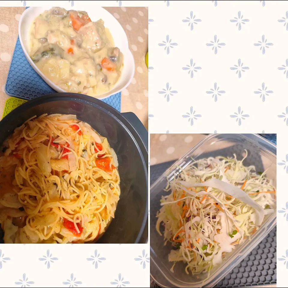 炊飯器で豆乳入りシチューとレンジでパスタの夜ごはん|m.rafuさん