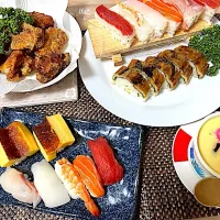 押し寿司、握り、唐揚げ、茶碗蒸し|もーやんさん