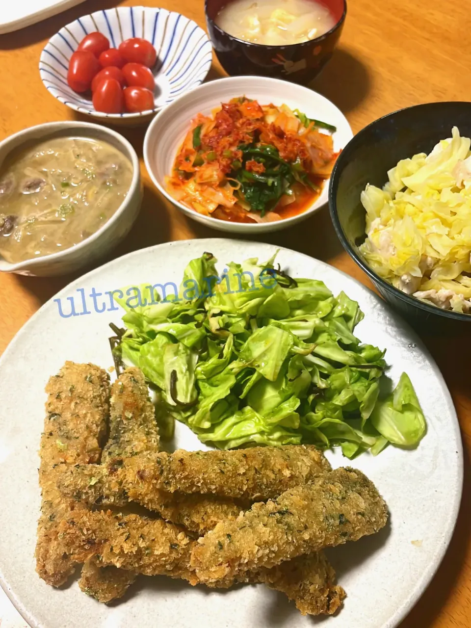 ＊イワシのあおさ焼きと蒸しキャベツ、キムチ和え、白菜煮で晩ごはん♬＊|ultramarineさん
