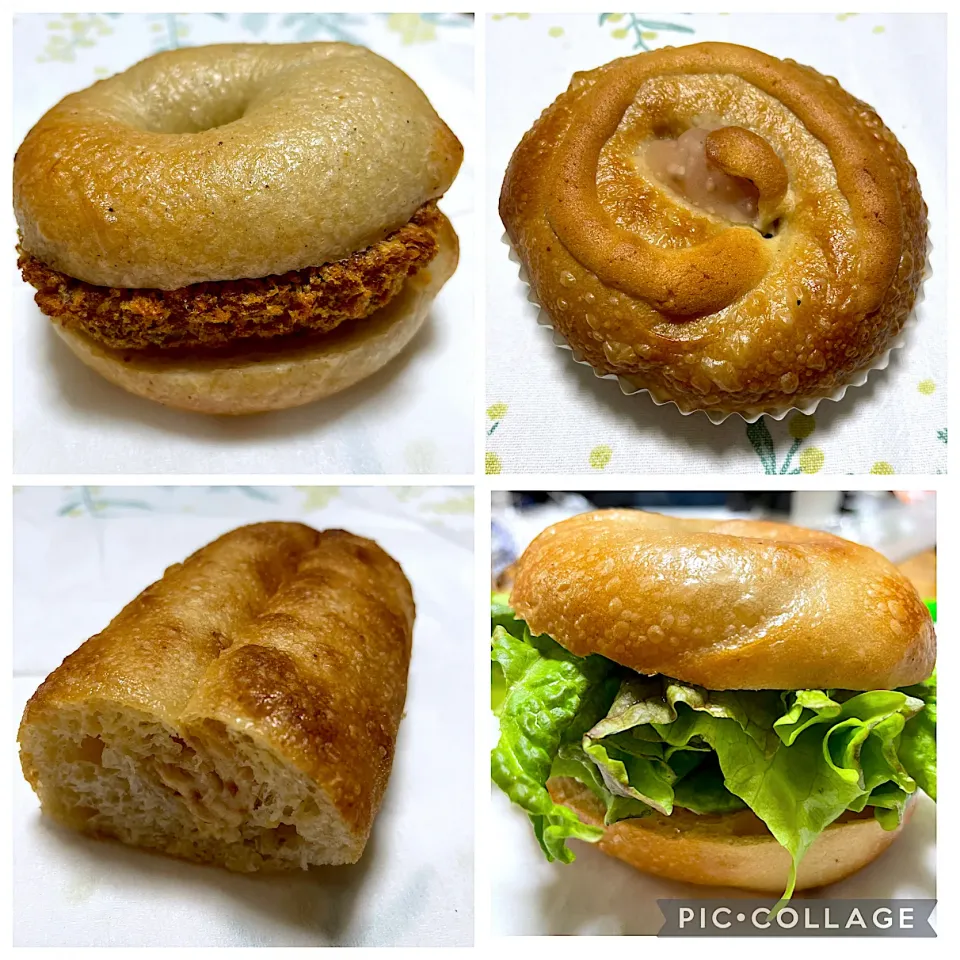 蒟蒻ベーグルサンド（南瓜コロッケ）、石垣苺&桜餅ベーグル、フォカッペサンド（カリカリ‼︎ピーナッツ）、プレーンベーグル|こいちさん