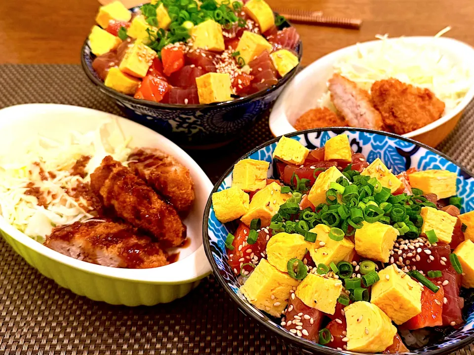 漬け鮪＆サーモンの彩り丼と豚ヒレカツ😋|＊yurika＊さん