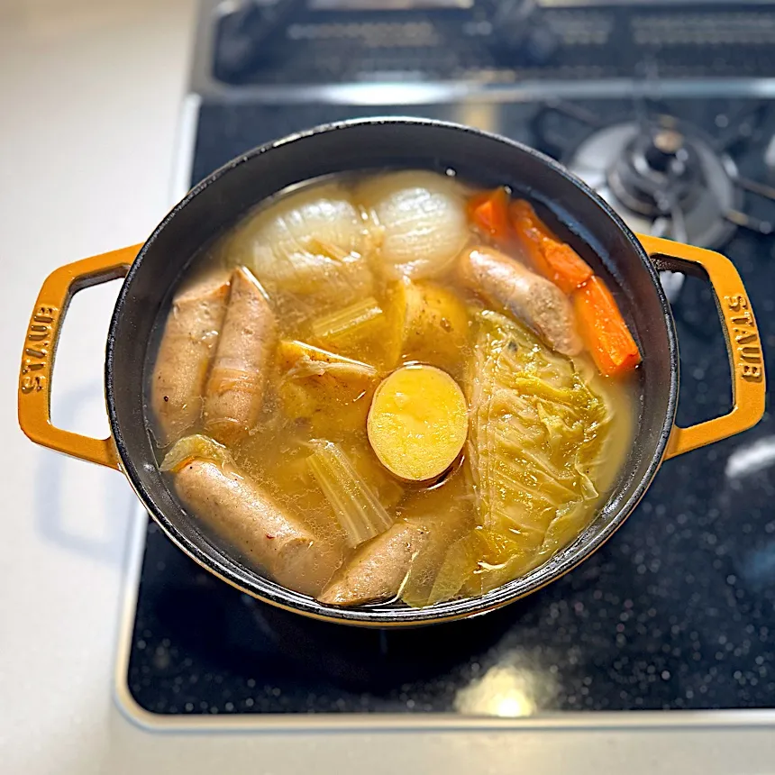 ポトフ ～味付けは塩漬け豚の塩分とブーケガルニのみ～（春キャベツ、新玉葱、セロリ、人参、キタアカリ、塩漬け豚バラブロック、ソーセージ）|17oyaziさん