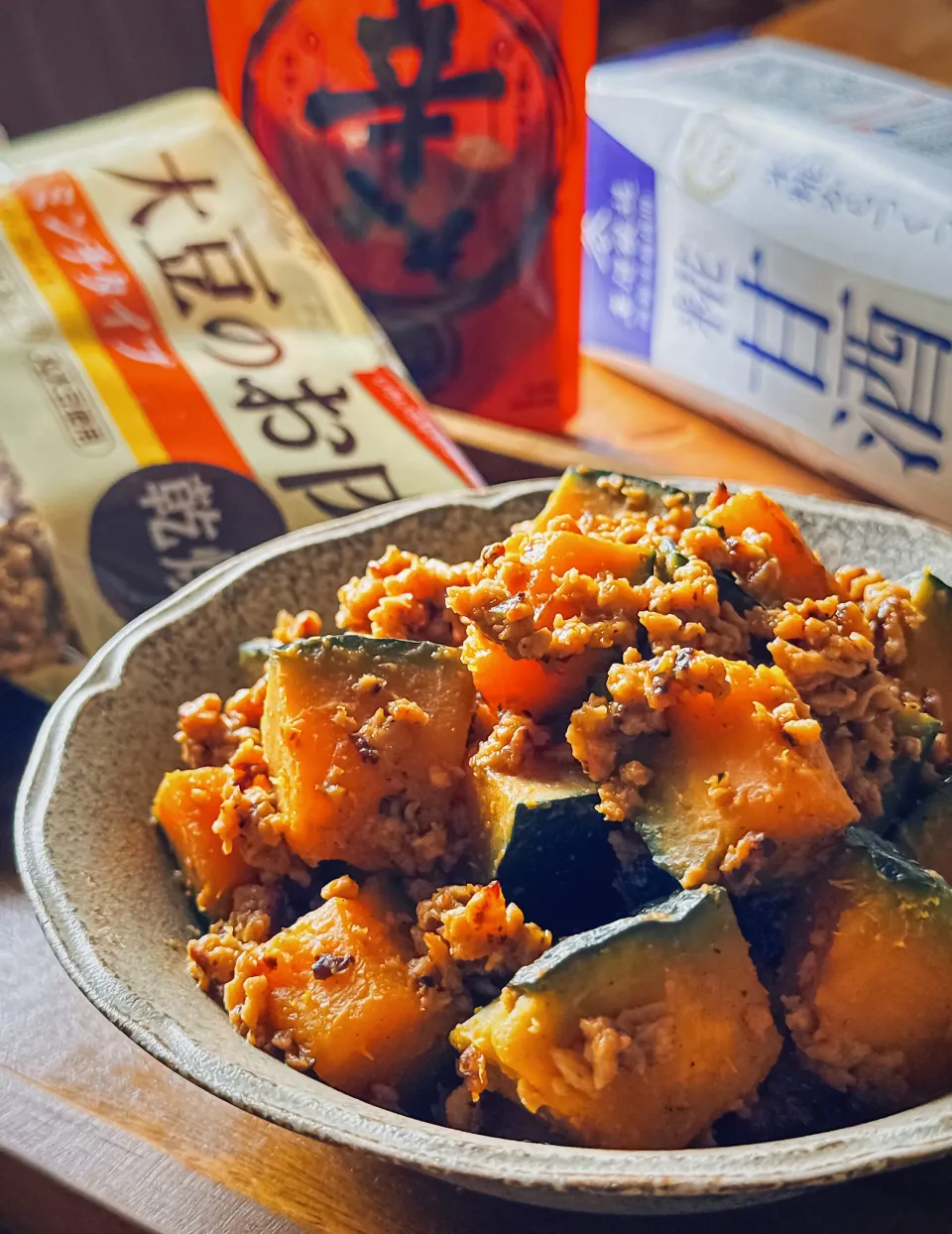 辛みそ×大豆のお肉でかぼちゃの旨辛そぼろ煮|にゃんぺこさん