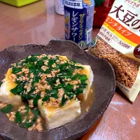 ヘルシーダブルの揚げたし豆腐の大豆のお肉とニラあんかけ| なつさん