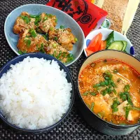 辛みそマヨ唐揚げ＆大豆のお肉の辛みそスープでムスコの置きランチ|からあげビールさん