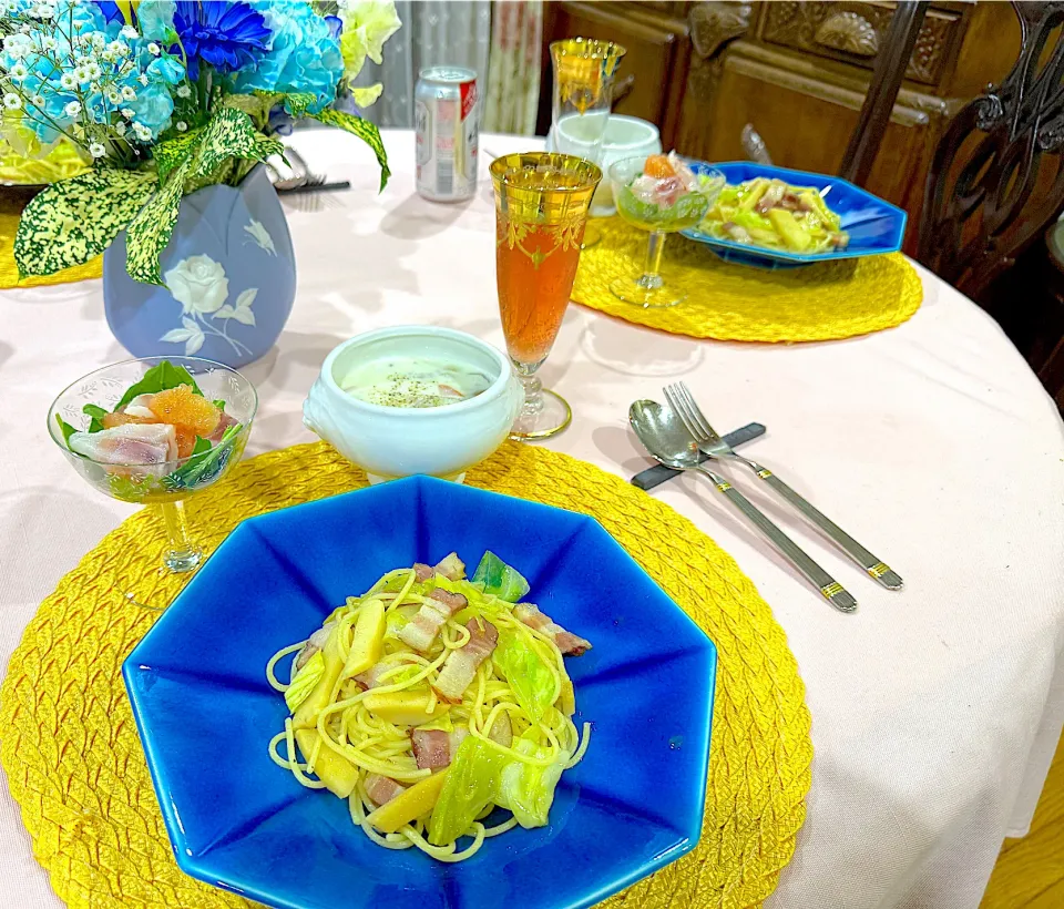 お夕飯は春野菜の和風パスタにクラムチャウダーなど!!|Seikoさん
