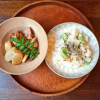 うどと鶏肉塩麹炒めと、空豆桜えび玄米ごはん|kazさん
