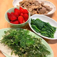 タラの芽天ぷら、のらぼう菜おひたし、いちご「かなころ」と頂く豚バラバルサミコ炒め|ふくながさん