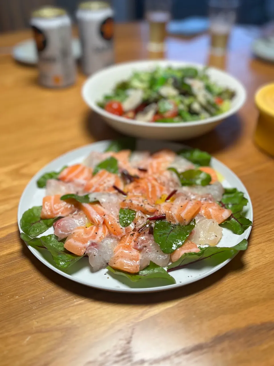 4/4の夕食　タイとサーモンのカルパッチョ|yoneさん