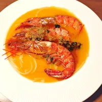 サツマイモとトマトのポタージュとエビのアヒージョでスープスパゲティを作りました〜🦐🍝|quitaさん