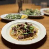 4/5の夕食　ホタルイカと春キャベツのパスタ