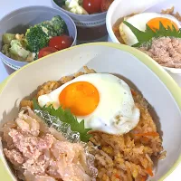 ビビンバ丼　目玉焼き🍳糸蒟蒻たらこまぶし　ブロッコリーと玉子のマスタードマヨサラダ　ミニトマト🍅|まゆさん