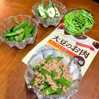 スナップエンドウマヨ和え＊胡麻ドレ和え🫛サヤエンドウ大豆のお肉生姜醤油炒め🫚|henryさん