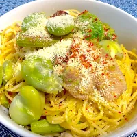 豚ロースとそら豆のアボカドミルクチーズパスタ