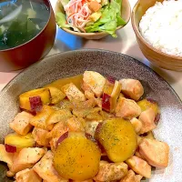おっさん飯　さつまいもエリンギ鶏胸の味噌バター炒め　汁　サラダ|ひげおやじさん