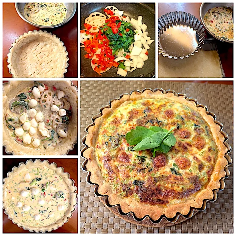 Tama's Quiche of spinach,paprika,lotus root &spring onion🍳tamaさんのｷｯｼｭ(芹,ほうれん草,ﾀﾏﾈｷﾞ,蓮根&ﾊﾟﾌﾟﾘｶ)|🌈Ami🍻さん
