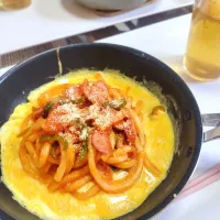 フライパン🍳料理✨オムナポうどんです✨