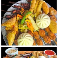 Mega mix plate with chicken yakitoris,beef lamb samosas, mozzarella sticks, chilli cheese nuggets, coconut curry chicken, bao bun duck,popcorn chicken, vegetabl|KWAII69さん