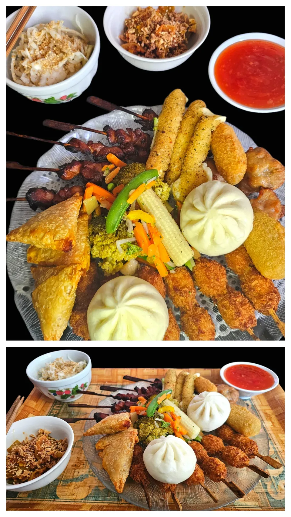 Mega mix plate with chicken yakitoris,beef lamb samosas, mozzarella sticks, chilli cheese nuggets, coconut curry chicken, bao bun duck,popcorn chicken, vegetabl|KWAII69さん