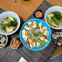 ひじきご飯♡ワンタン野菜スープ♡おうちシェフProサラダチキンとれんこんのきんぴらサラダ♡ひきわり納豆キムチ葱アマニオイル|さくたえさん