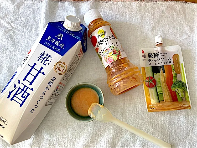 糀甘酒➕発酵ディップソースバーニャカウダ風➕人参ドレッシングを合わせてサラダにかけます。|さくたえさん