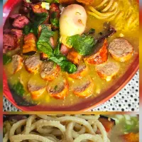 🇯🇵🇫🇷When France meets Japan: my wholemeal flour ramen with Toulouse sausage and gendarme sausage, smoked pork belly,breaded fish, egg,chicken broth🇫🇷🇯🇵