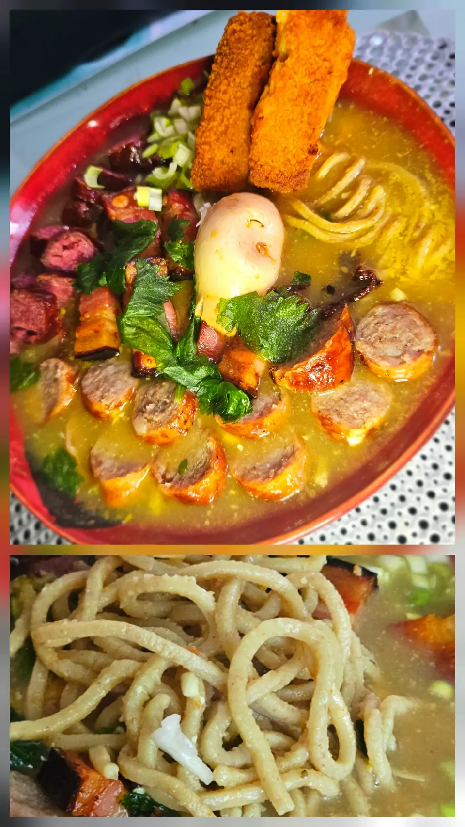 🇯🇵🇫🇷When France meets Japan: my wholemeal flour ramen with Toulouse sausage and gendarme sausage, smoked pork belly,breaded fish, egg,chicken broth🇫🇷🇯🇵|KWAII69さん