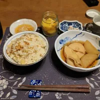 筍ご飯、筍と大根の煮物、大根の切れ端のなます、数の子のわさび漬け、沢庵、コカ・コーラ、烏龍茶、練乳かけ手作りミルクココアゼリー(夕飯)|enarinさん