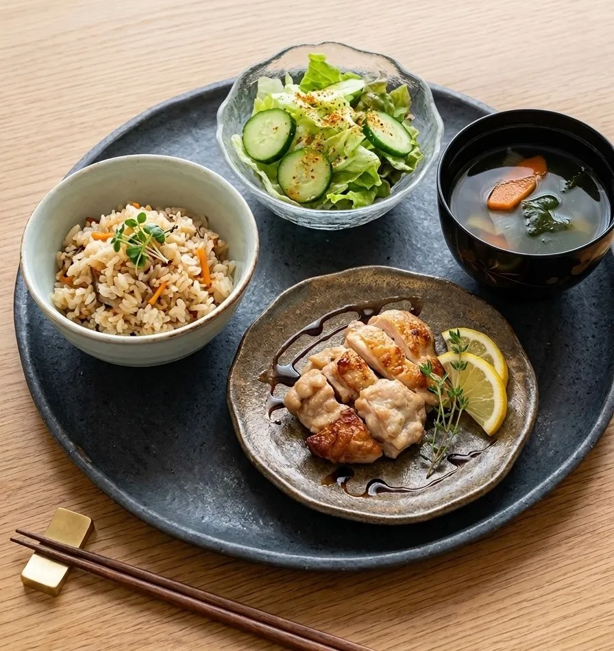 鶏の塩麹焼き、根菜と鶏の炊き込みご飯、コーンとわかめのスープ、サラダ|caoさん