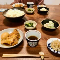 手羽元の黒酢煮、青菜のマリネ、ポテトサラダ、もやしのナムル、素麺| タロッカ主夫見習いさん