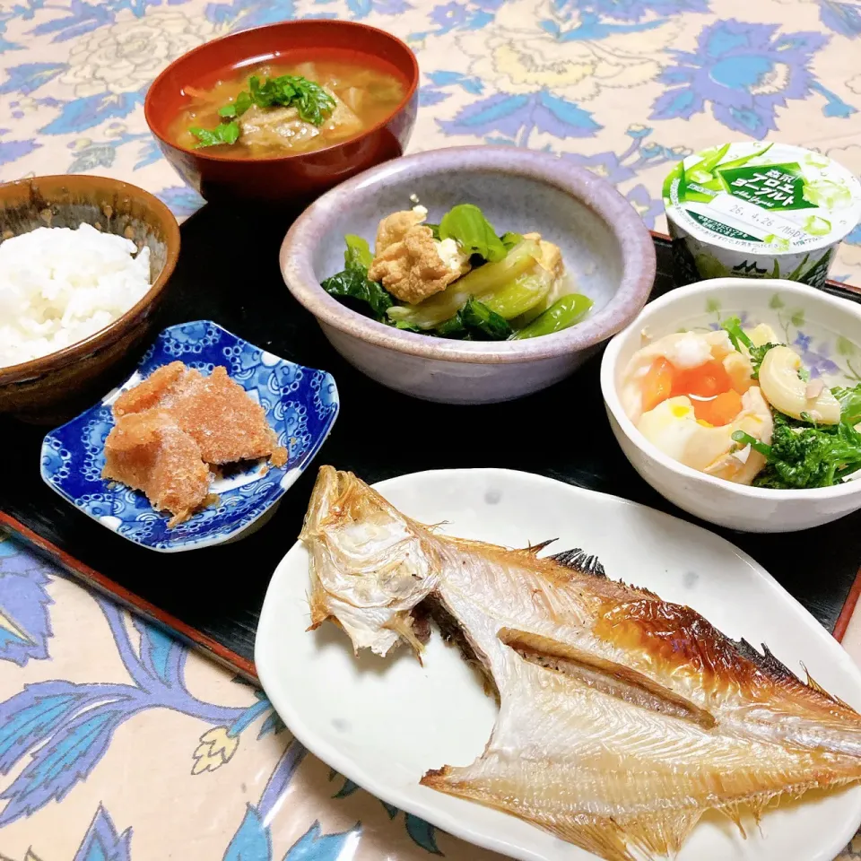 grandmaの晩ごはん☆ 今夜はカレイを焼いて
小松菜を煮ました…キノコ🍄‍🟫などを入れたら良かったわ…
お味噌汁に花山椒を…
頂きます|kaoriさん