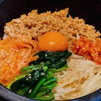 過日の丼好きランチ                                                    『三色ナムル・大豆のお肉で石焼きビビンバ』